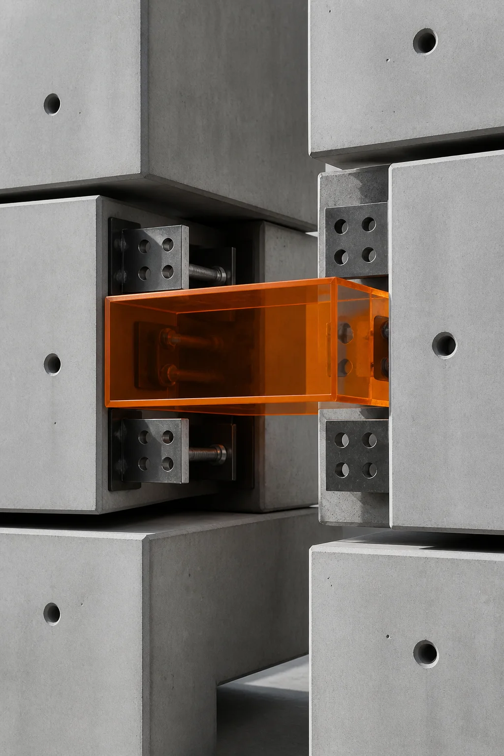 Interlocking concrete modules joined by an orange connector
