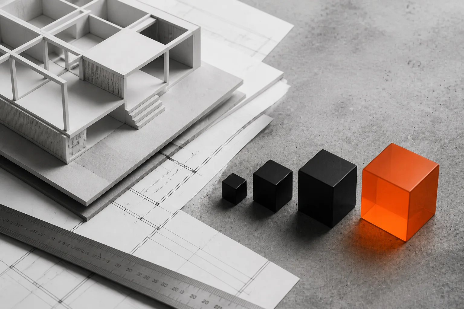 An architectural model, plans, and a sequence of black and orange modules