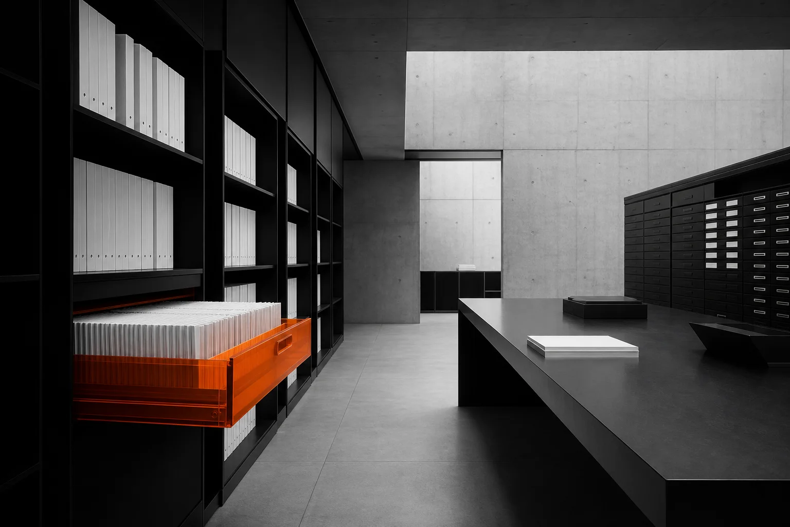 A black and concrete archive with white folios and one orange index drawer