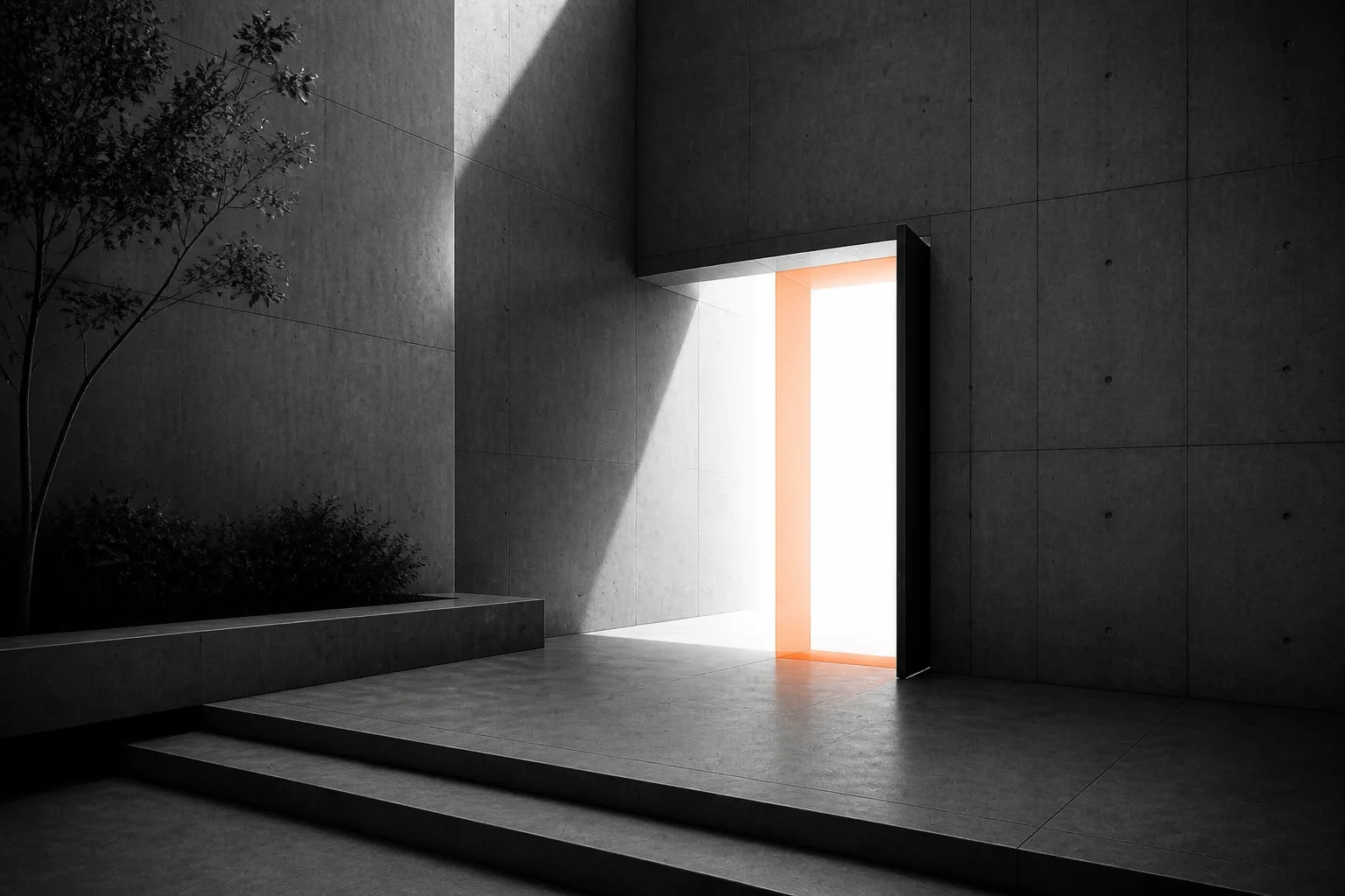 A bright open doorway in a modern concrete space