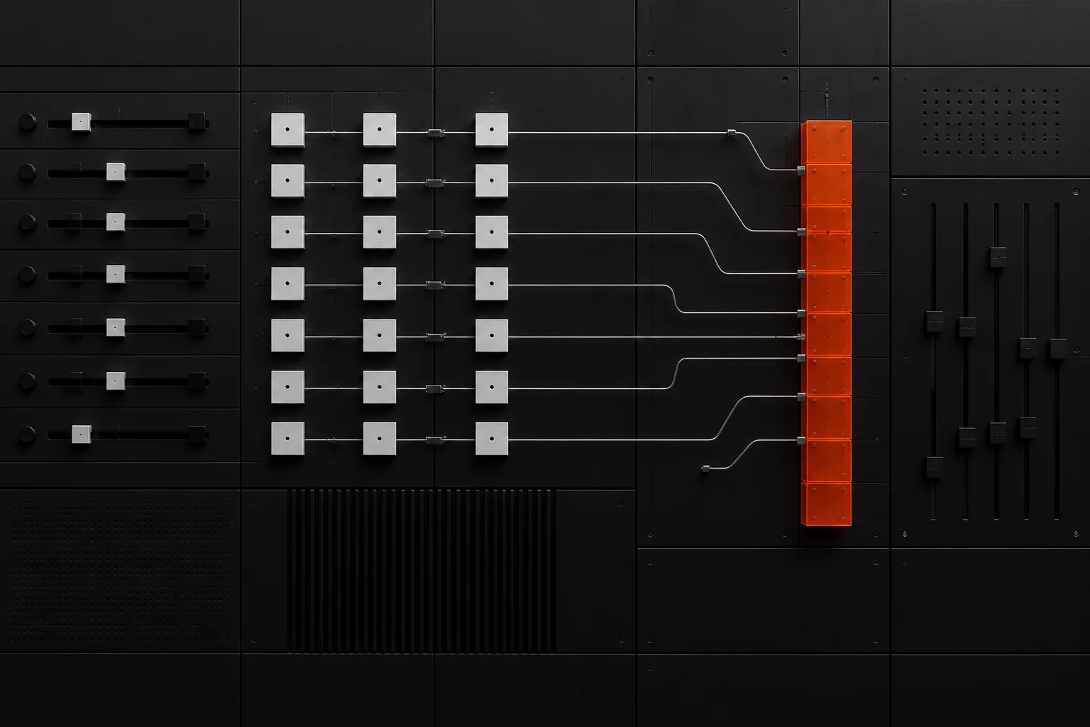 A black operational wall with white modules converging into an orange stack