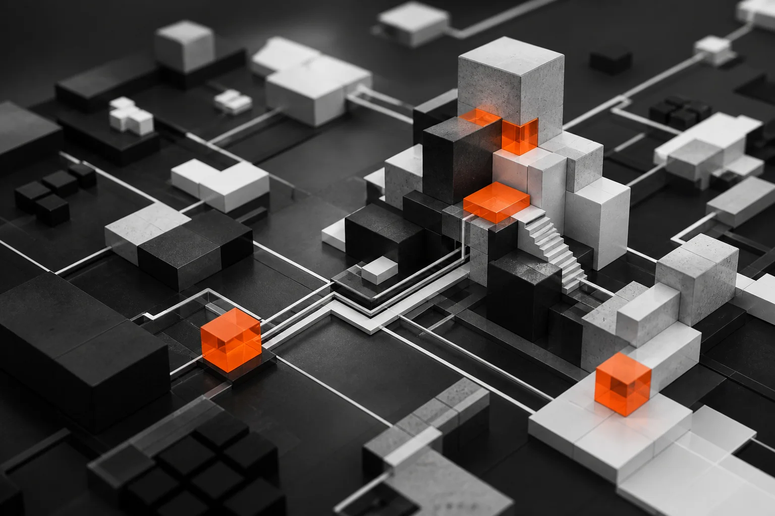 A modular black, white, and orange network model representing the Vendrato product ecosystem