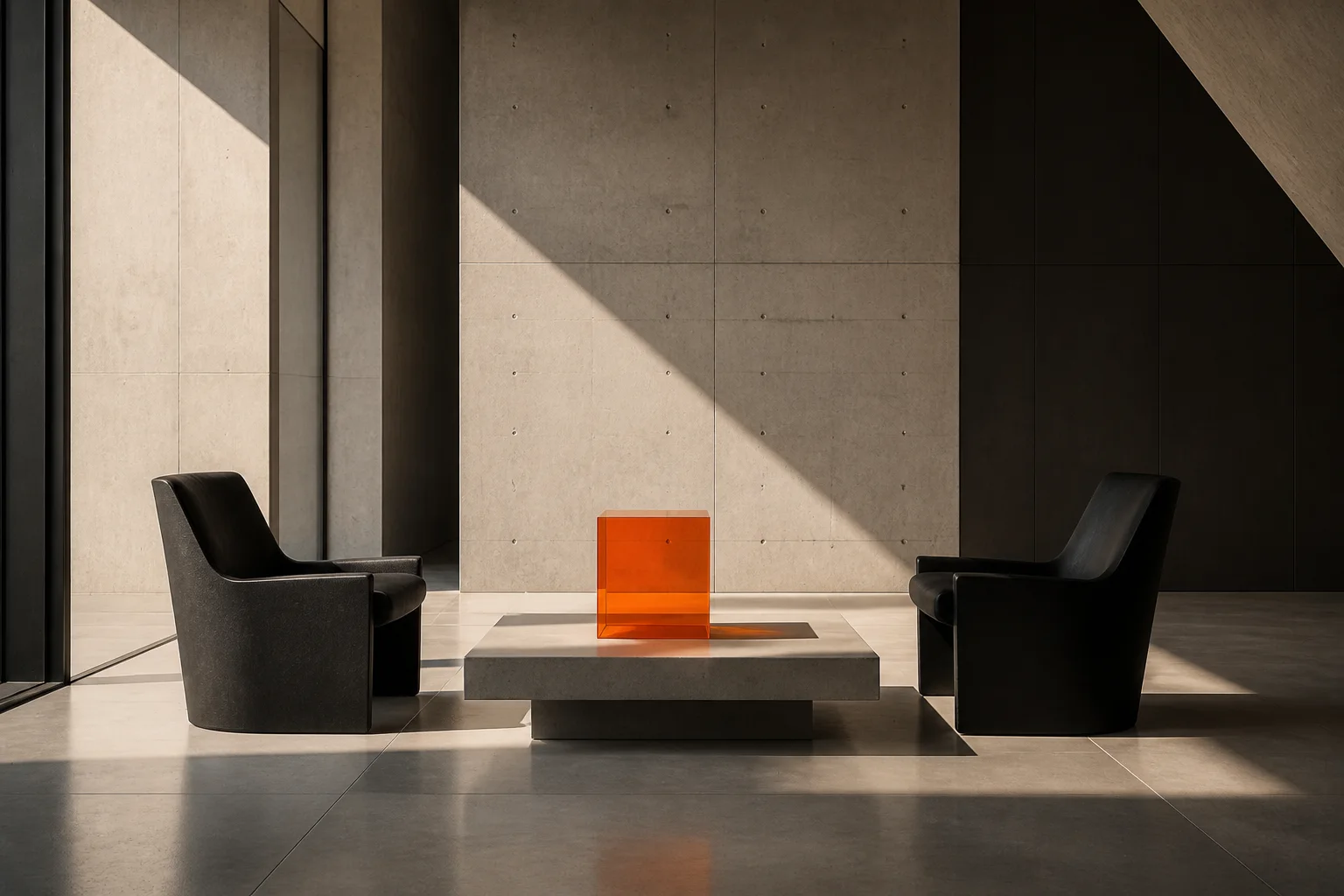 Two black chairs facing one another across a concrete table with an orange glass cube