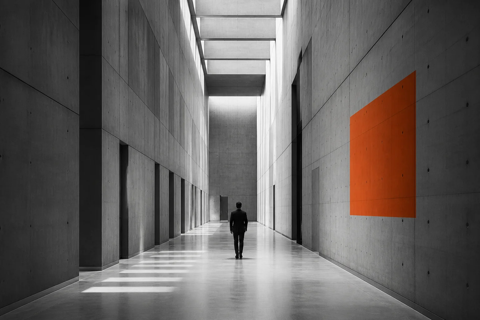 A person moving through a precise concrete corridor