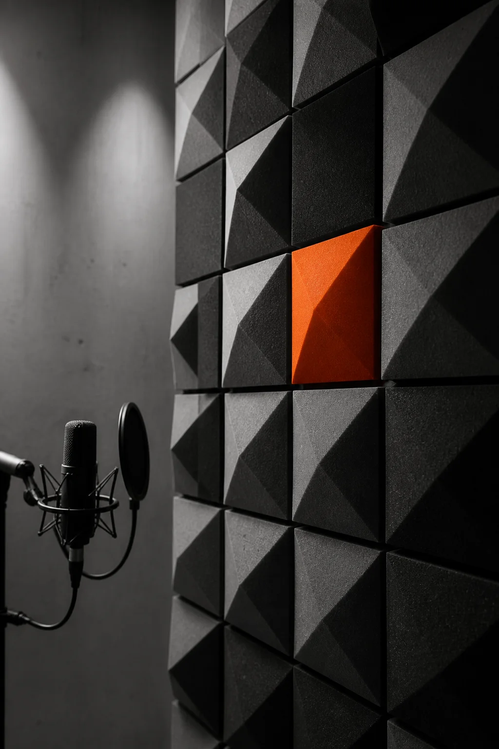 Microphone and modular acoustic wall in a recording room