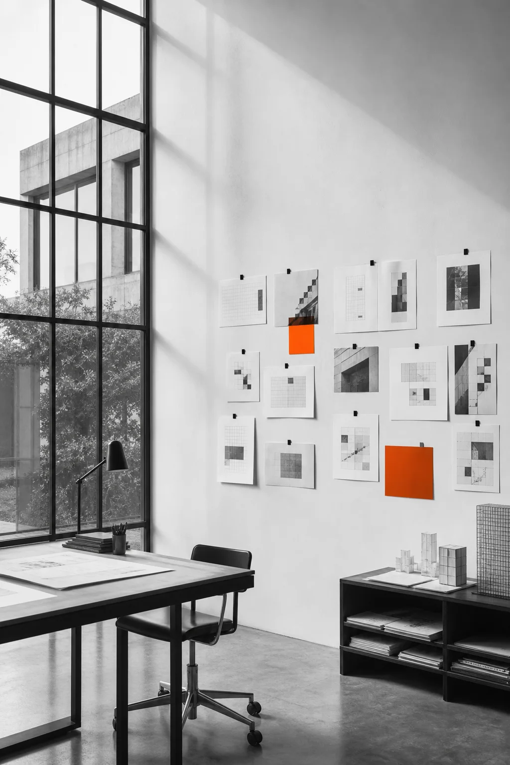 Modern design studio with modular studies on the wall