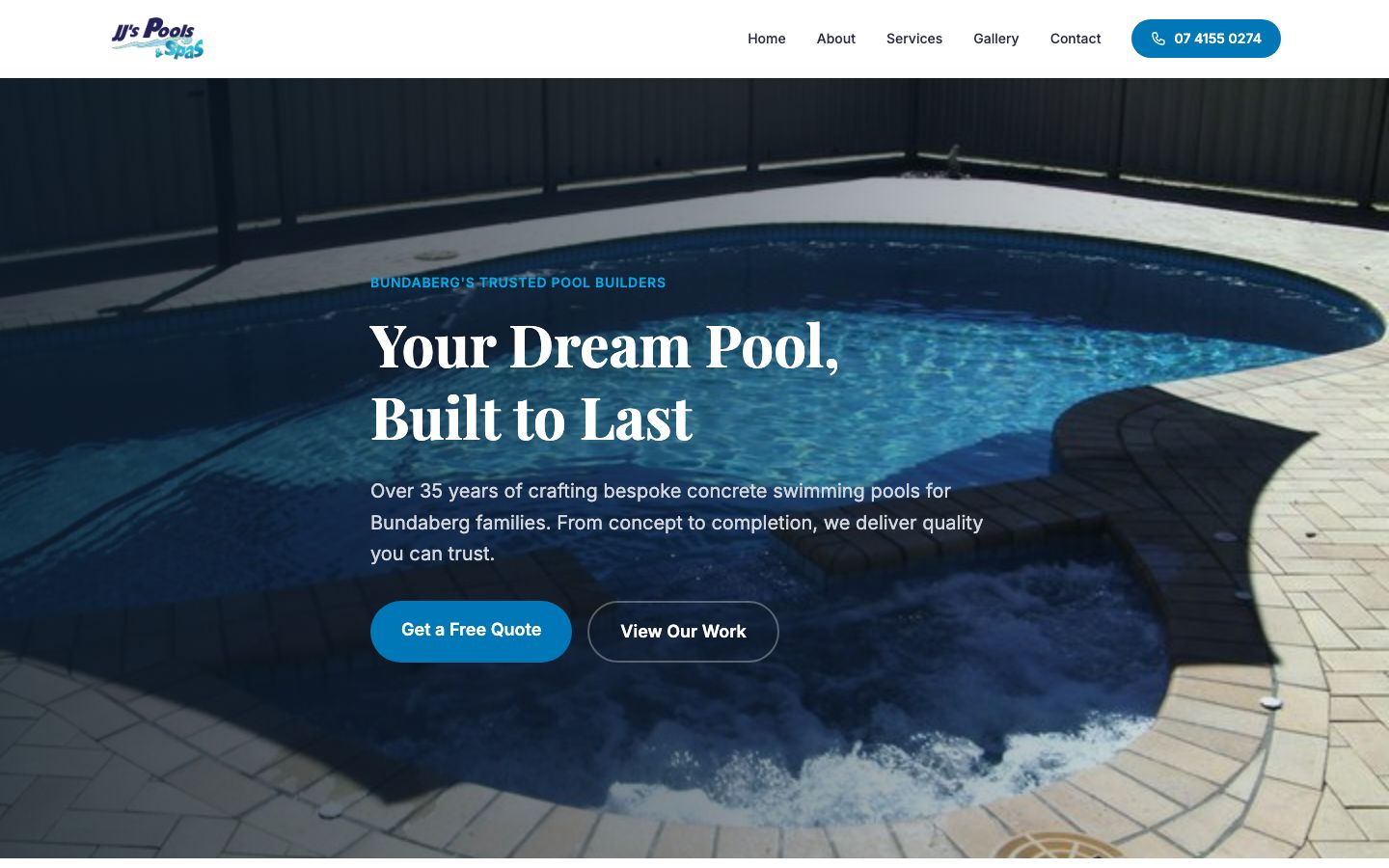 JJ's Pools & Spas website screenshot