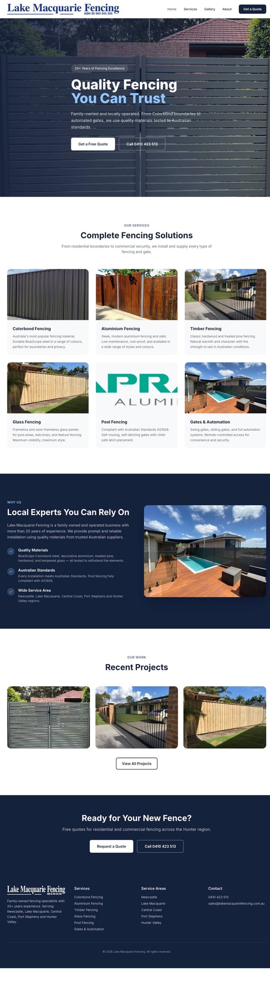 Lake Macquarie Fencing website screenshot