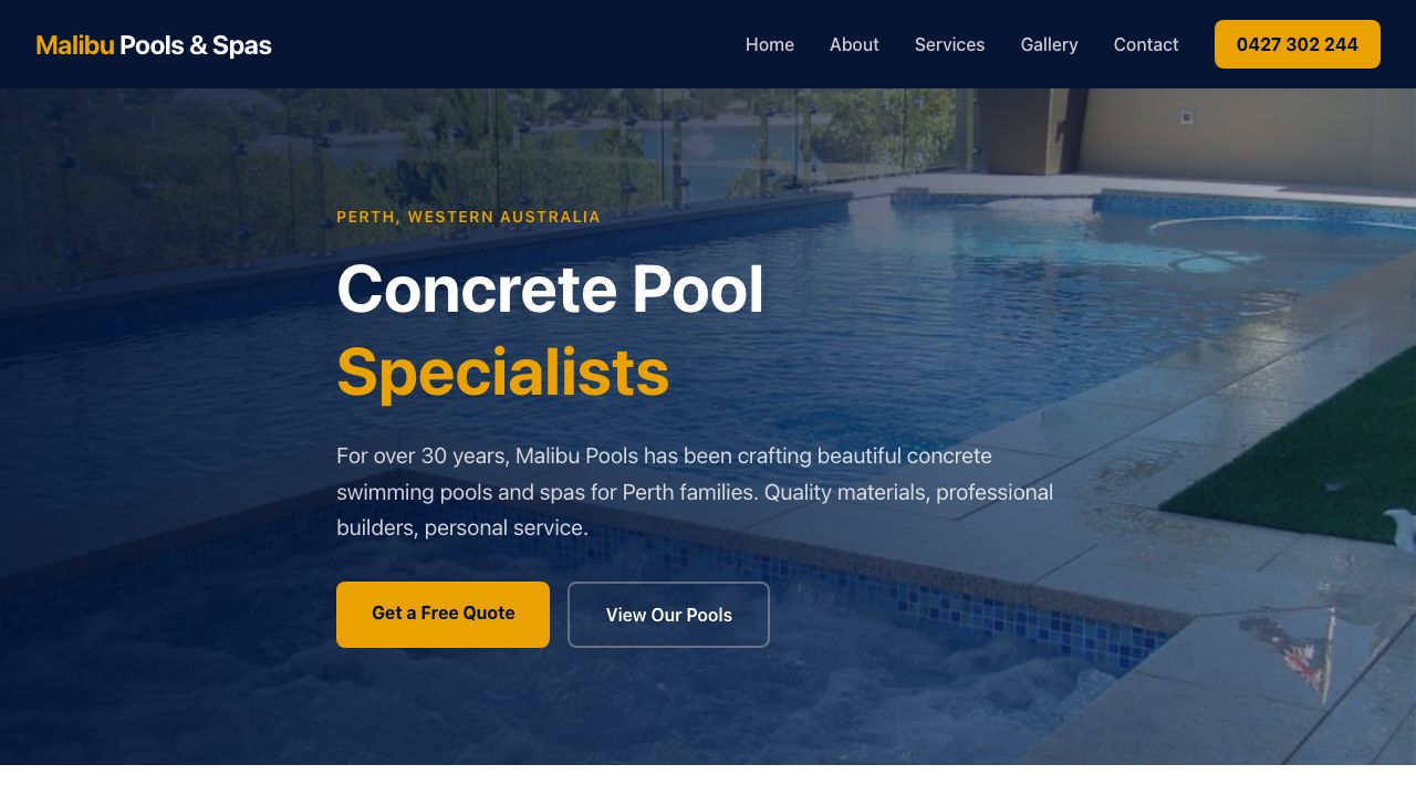 Malibu Pools and Spas website screenshot