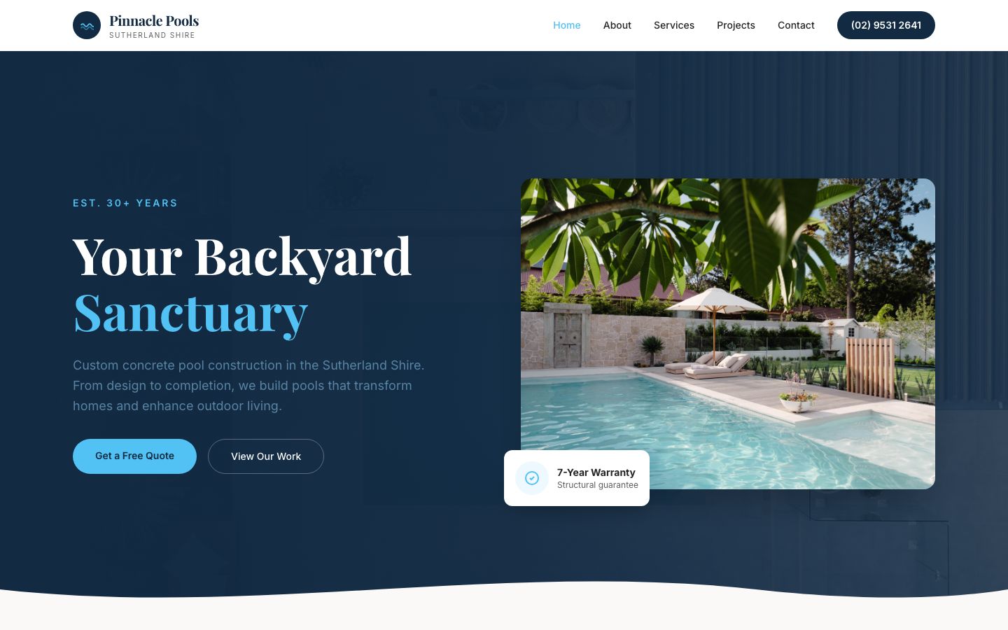 Pinnacle Pools website screenshot
