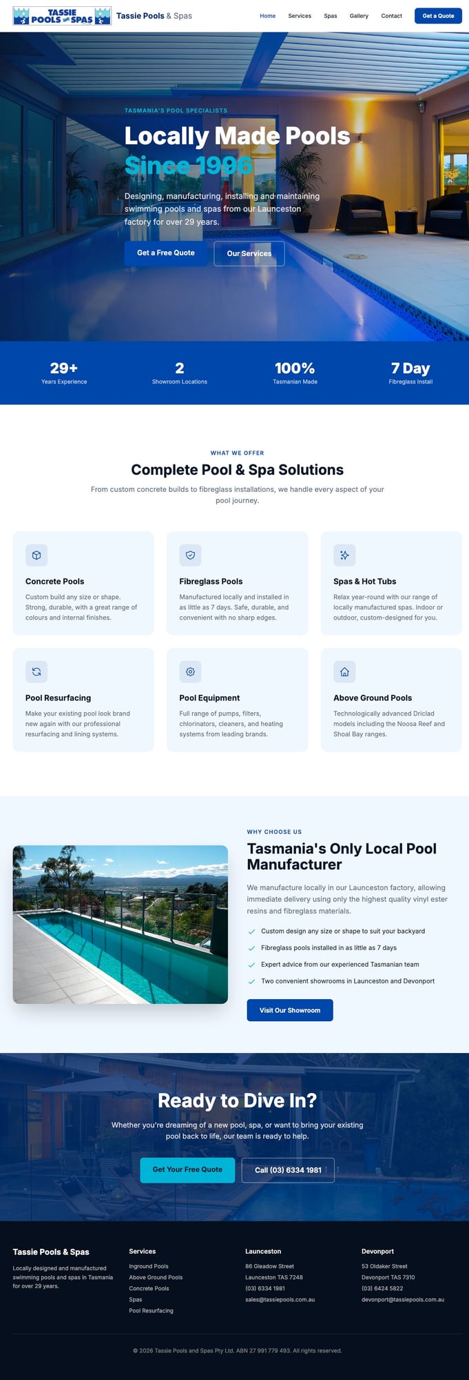 Tassie Pools and Spas website screenshot