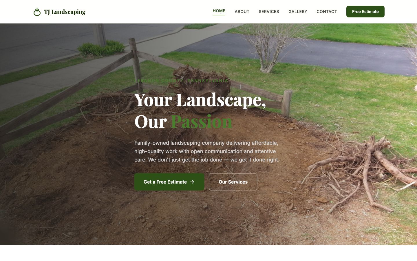 TJ Landscaping website screenshot
