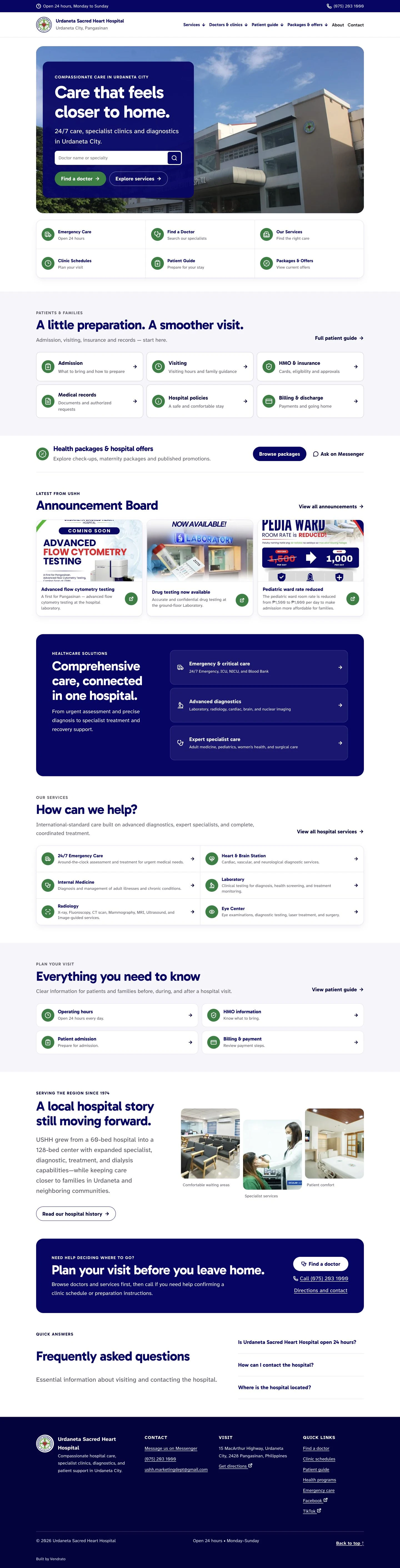 USHH desktop website: doctor search, patient services, and care information