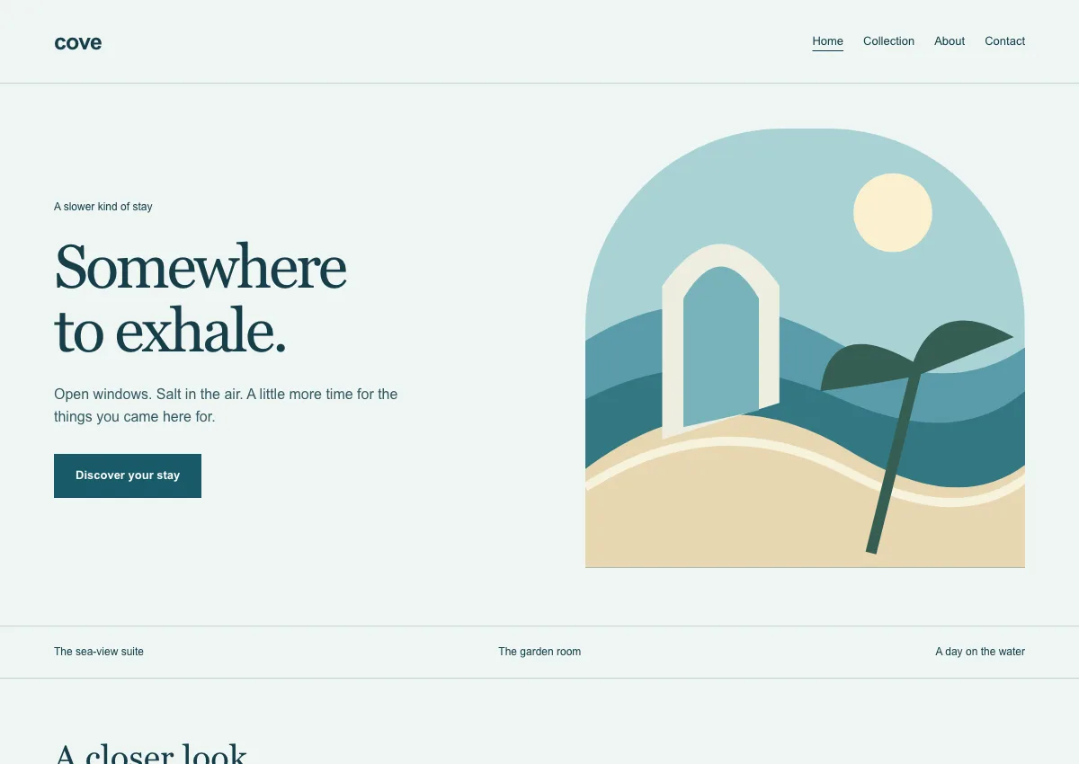 Cove coastal retreat template with illustrated scenery