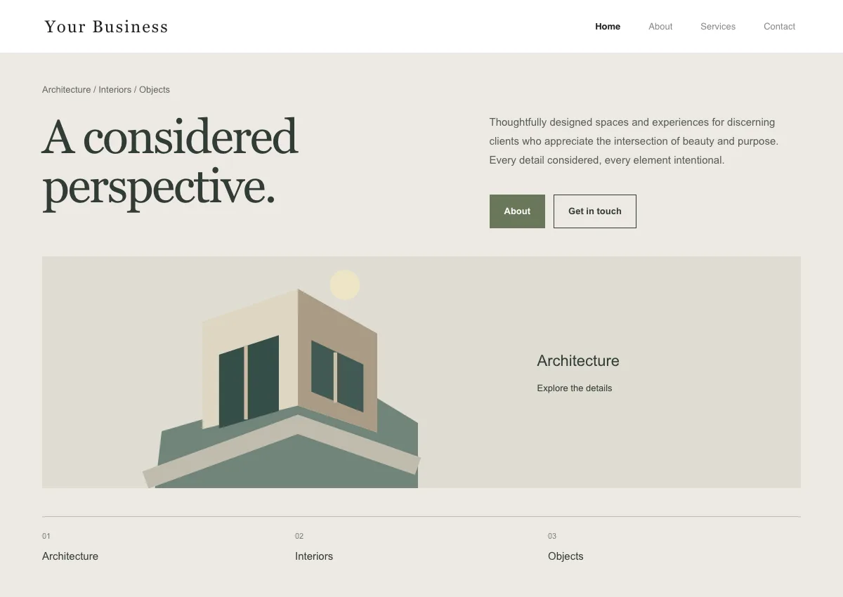 An illustrated editorial website concept with a split introduction and architectural showcase.